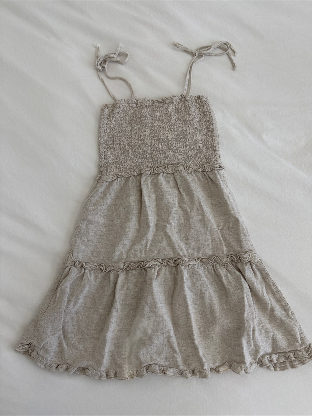 Beige Smocked linen blend Sundress with Tie Straps - Picture 3 of 3